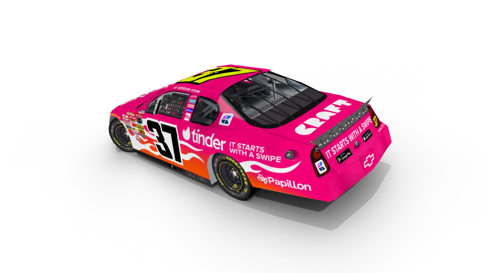 Custom livery of Adrian Keim #37 Tinder Chevrolet Monte Carlo for the Cup Series in NASCAR Racing 2003 Season.