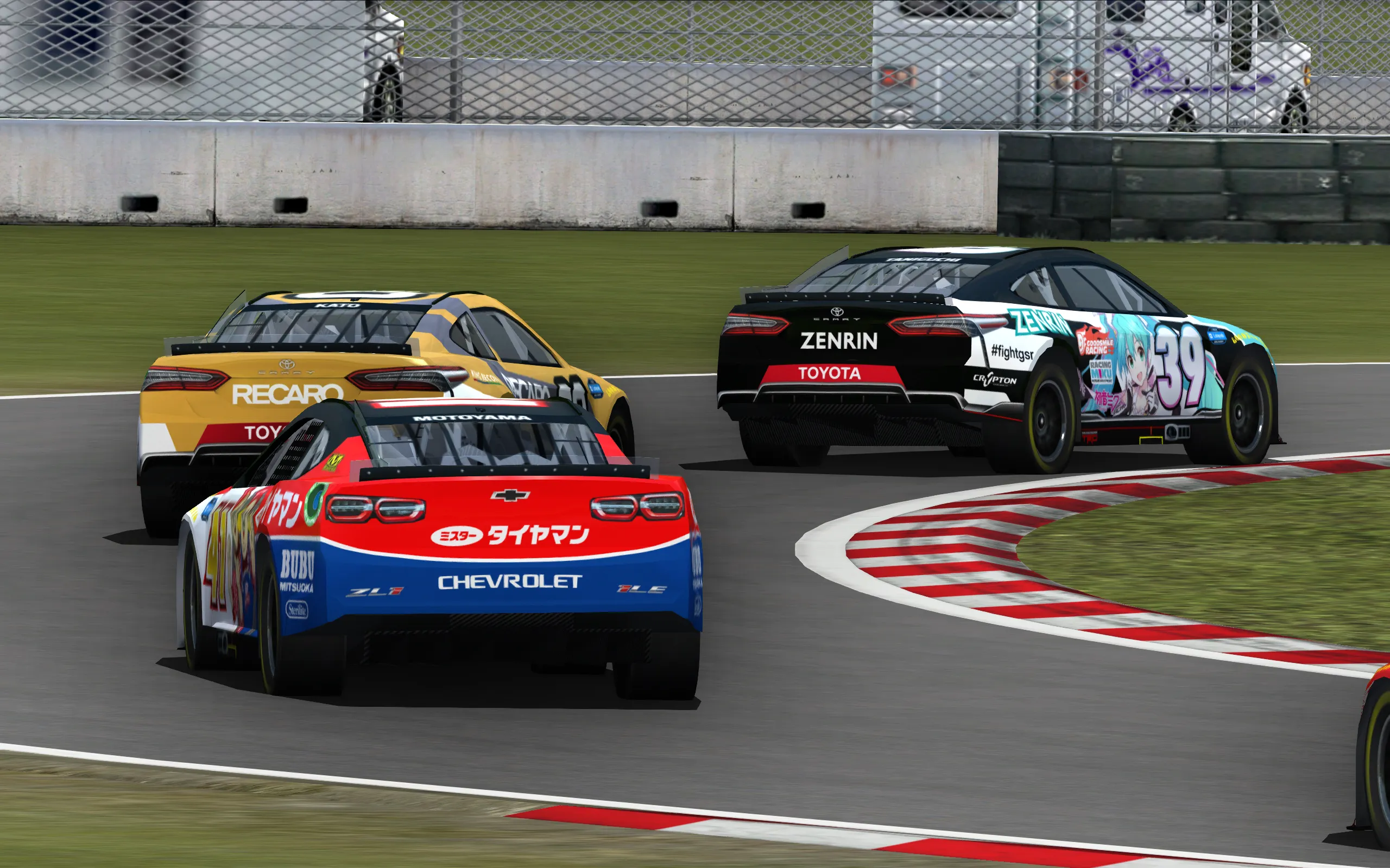 Cars from the NCS22 mod in NASCAR Racing 2003 Season, with custom liveries, during an in-game race.