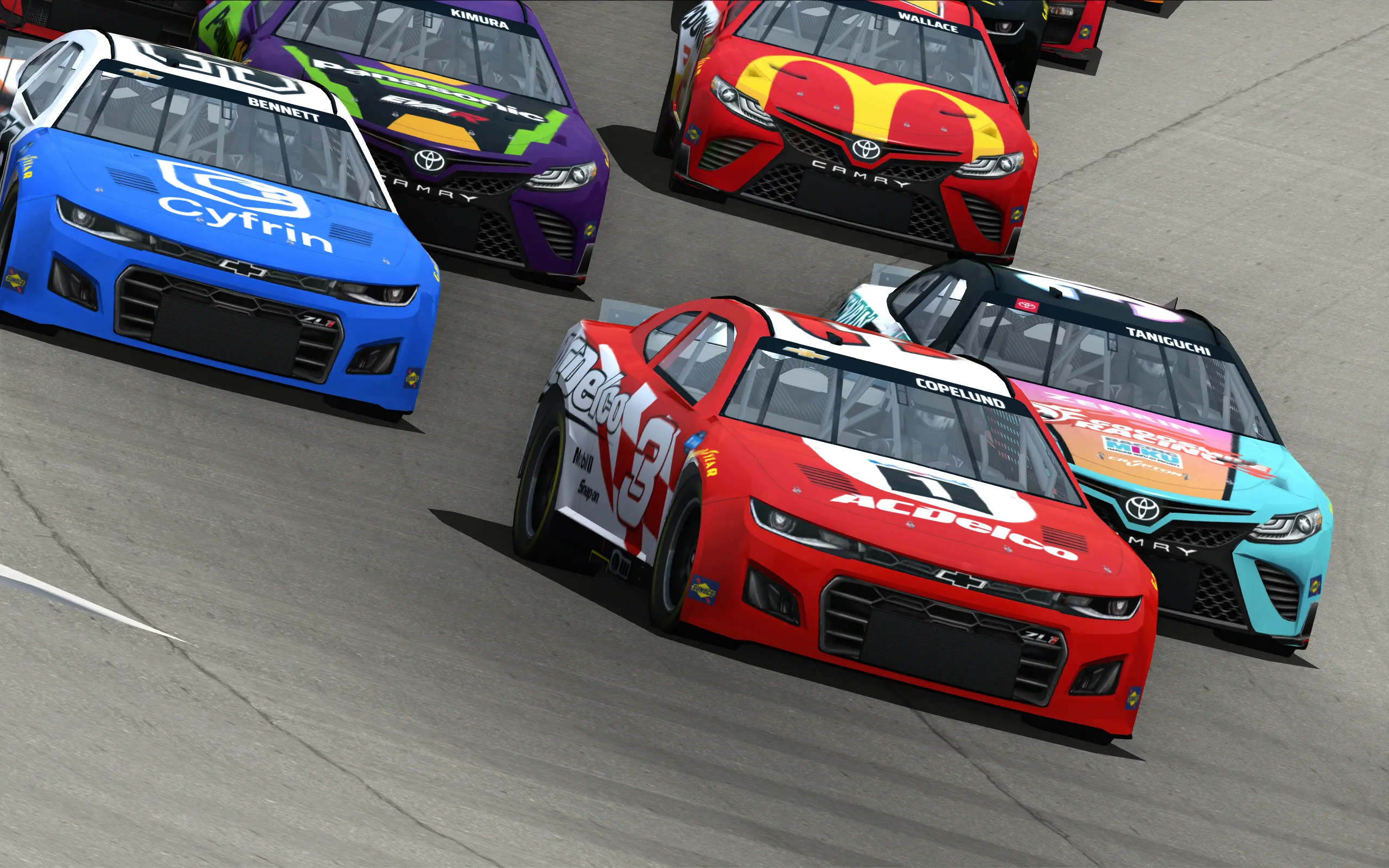 Cars from the NCS22 mod in NASCAR Racing 2003 Season, with custom liveries, during an in-game race.