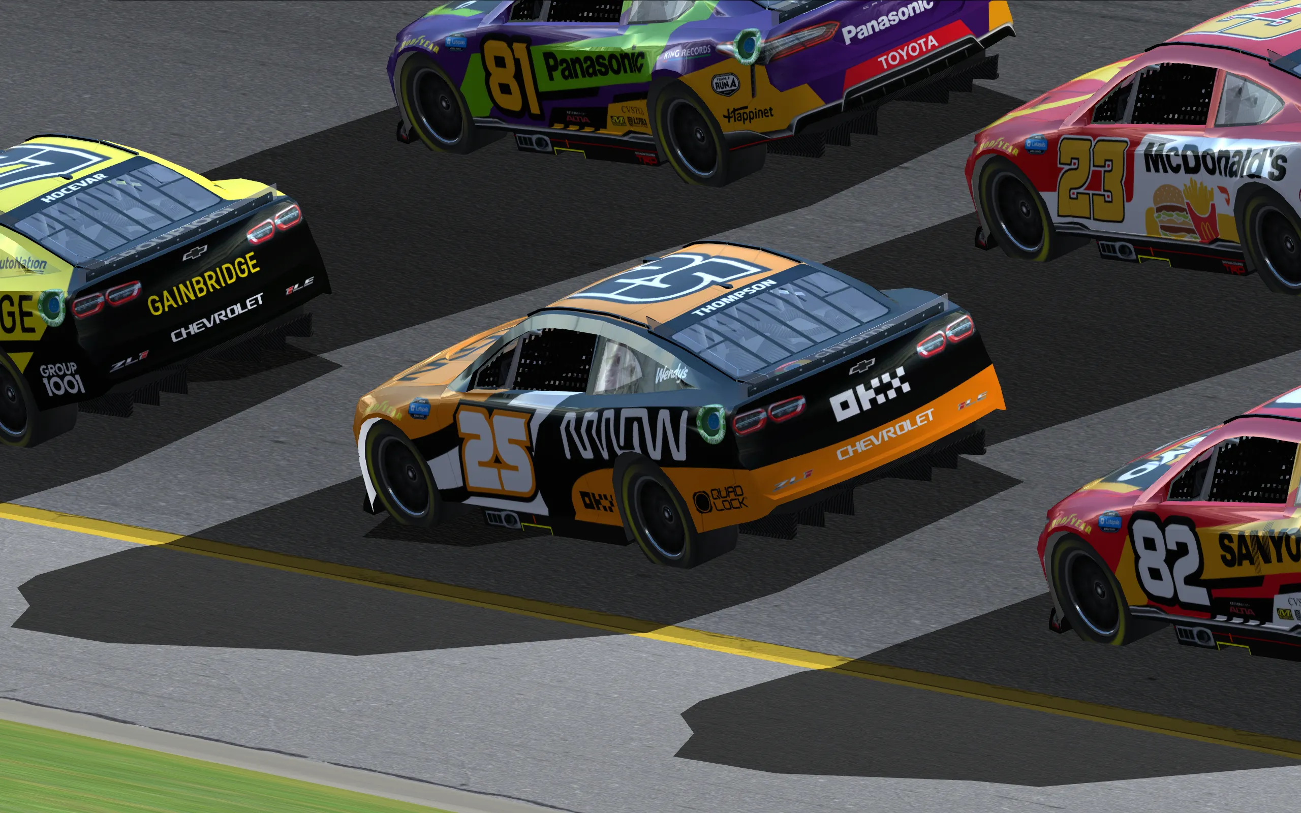 NR2003 car from the NCS22 mod with a custom livery (Rob Thompson #25 Arrow) shown racing during an in-game race.
