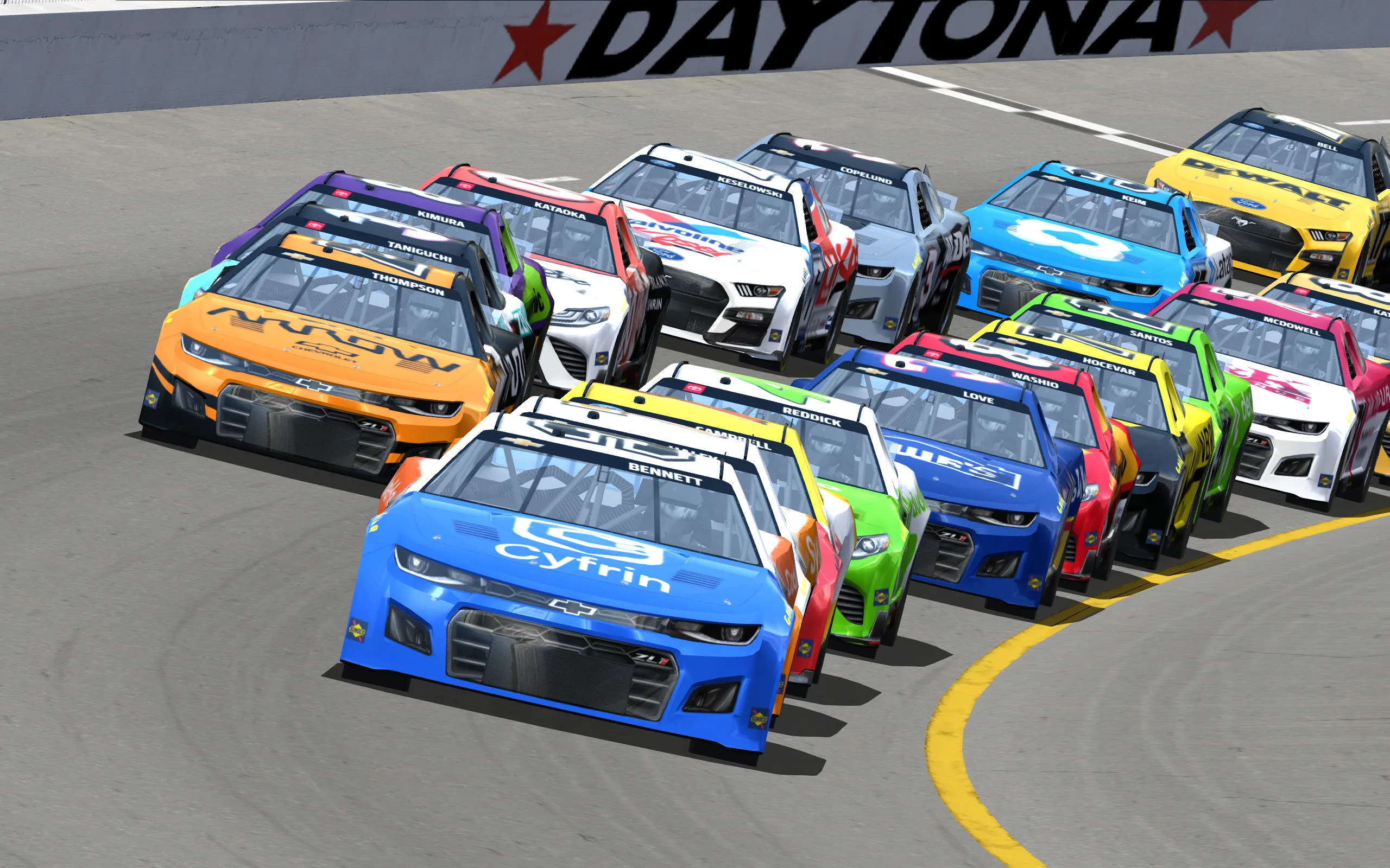 Cars from the NCS22 mod in NASCAR Racing 2003 Season, with custom liveries, during an in-game race.
