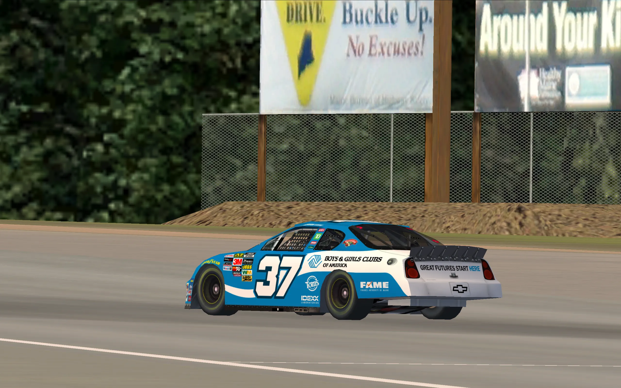 NR2003 Cup Series car with a custom livery (Adrian Keim #37 Boys & Girls Clubs of America) shown racing at Oxford Plains Speedway during an in-game race.
