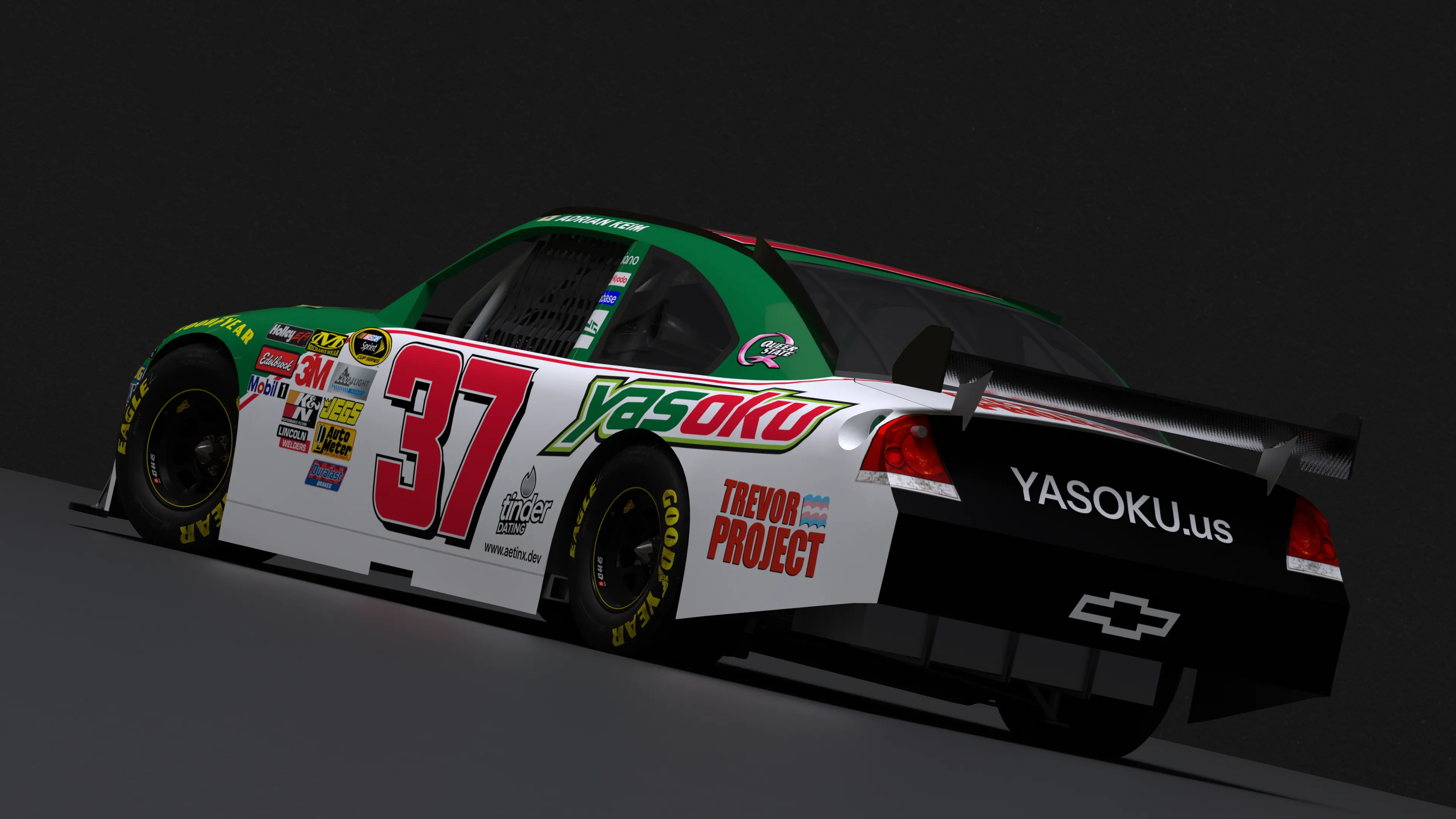 Render of a NASCAR Car of Tomorrow Chevrolet Impala SS with a Dale Earnhardt Jr. inspired livery sponsored by Yasoku Publishing.