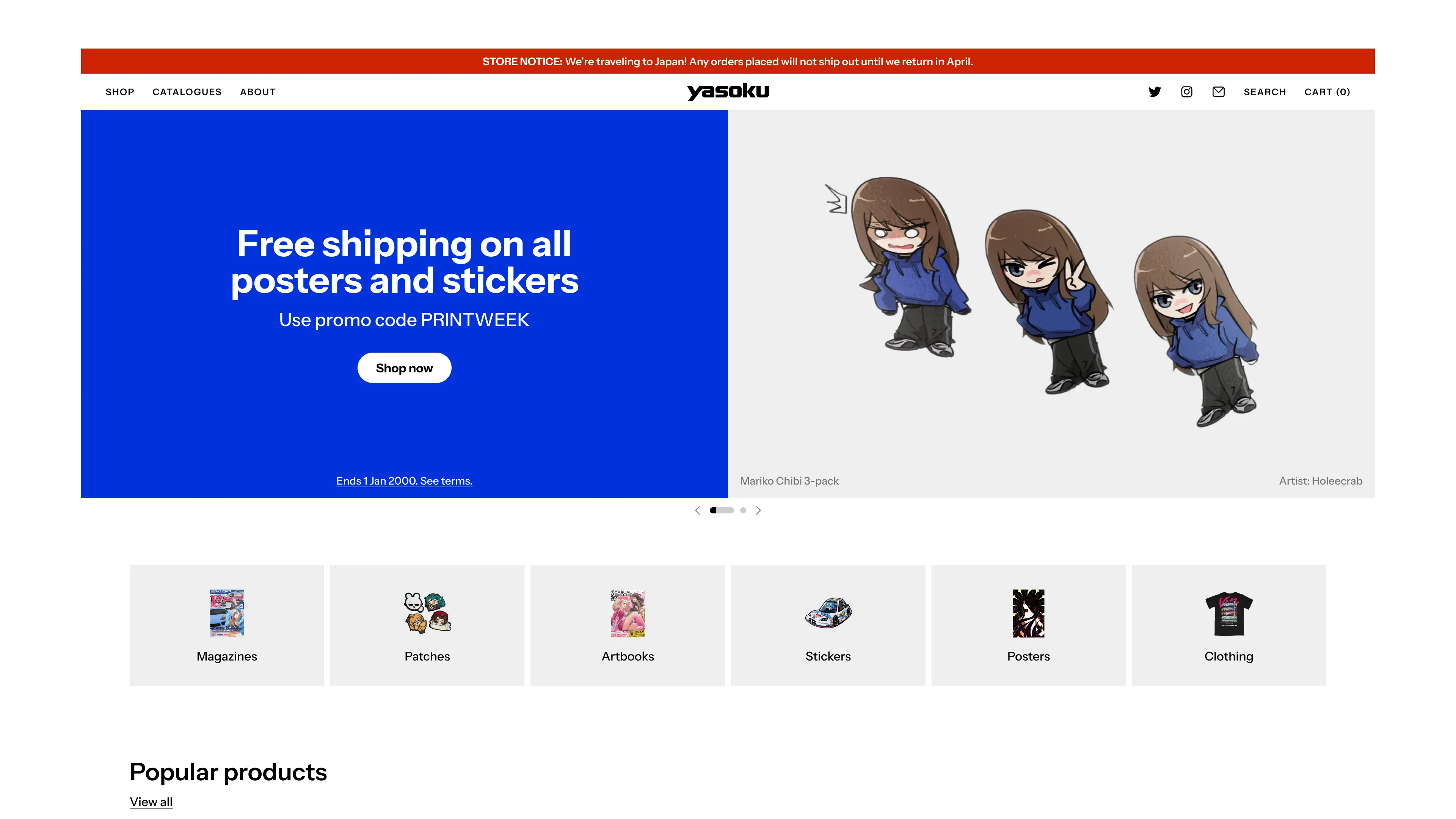 UI design for the homepage of Yasoku Publishing's online storefront.