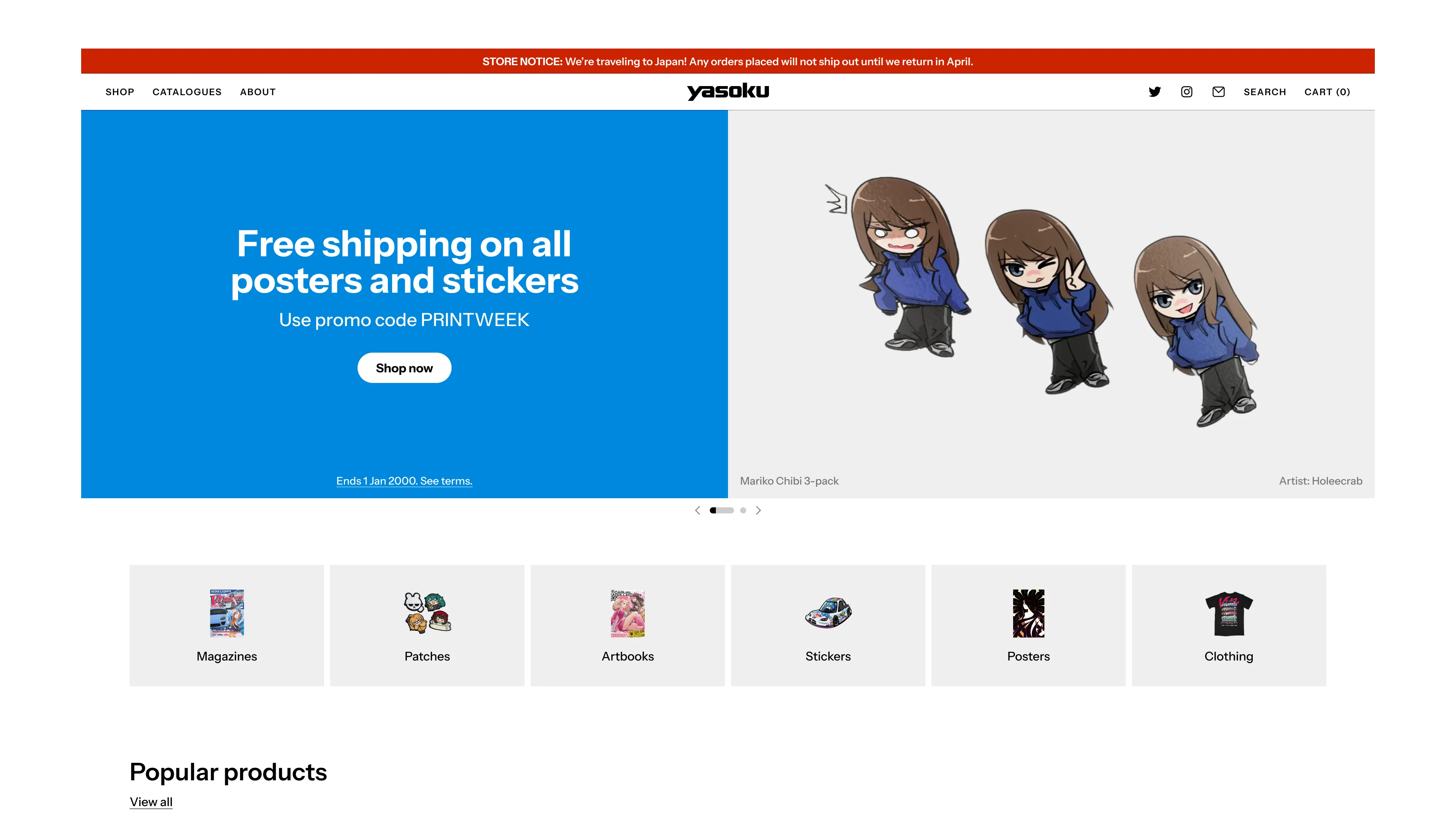 UI design for the homepage of Yasoku Publishing's online storefront.